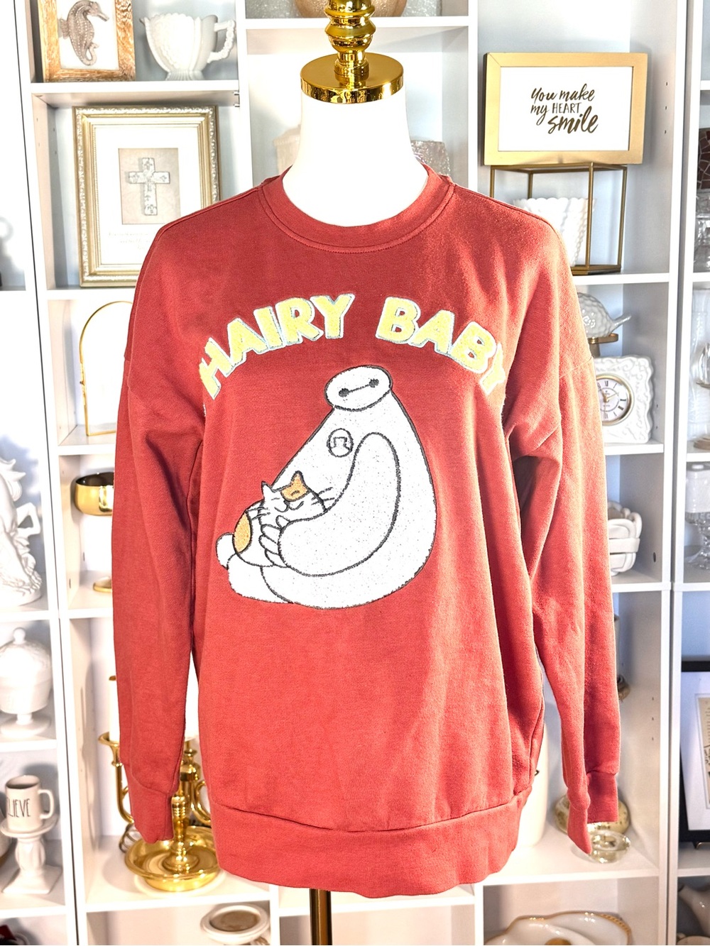 Disney Men's Rust Crewneck Sweatshirt with White Character and Yellow Lettering